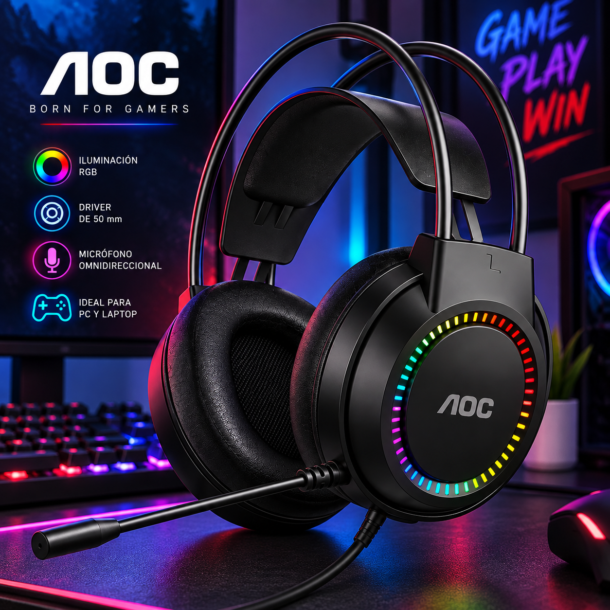 167f8153-b14c-4050-a19b-3252b5ea2d7e AOC ACG2500 – Audífonos Gamer RGB con Micrófono y Driver de 50 mm - Imagen 1