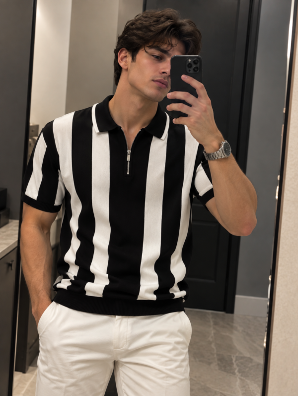 Polo de Punto Slim Old Money para Hombre – Negro y Blanco